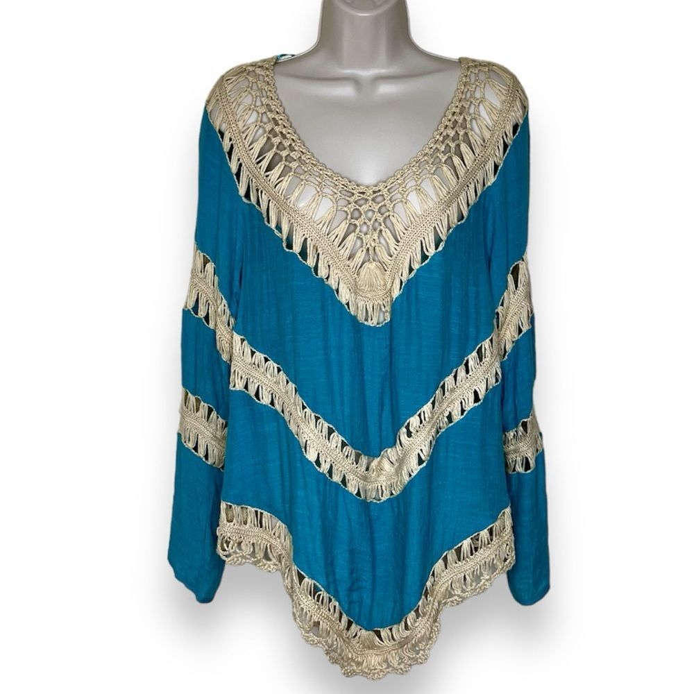 Umgee Boho Crochet Macrame Teal Green Tan Tunic Cover Up Long Sleeve Women Large
